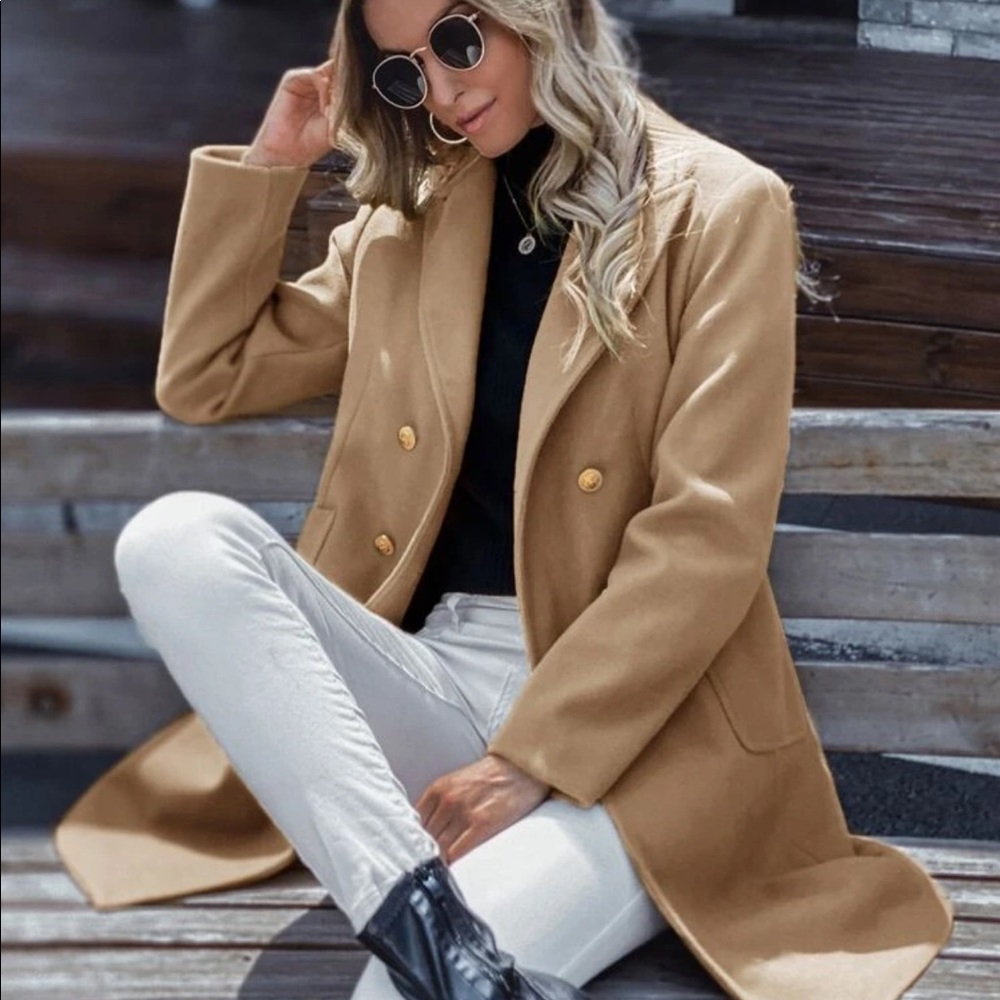 Notched Collar Buttoned Peacoat Jacket Camel - image 3